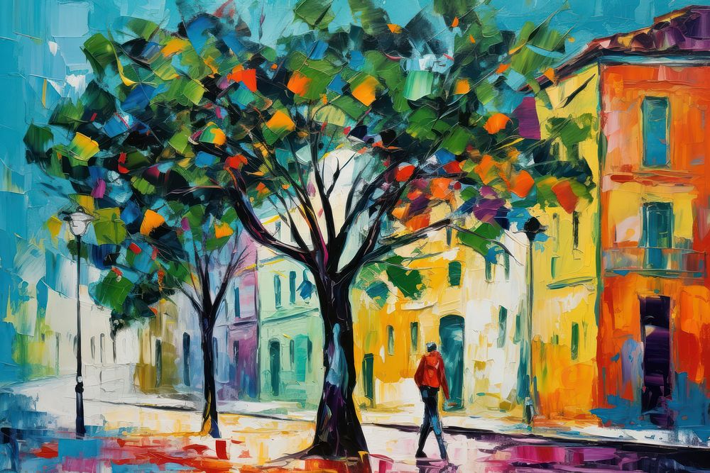 Tree painting street city.