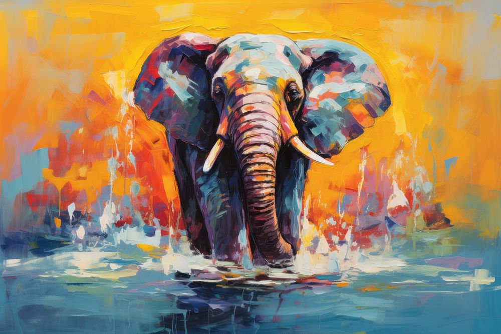 Elephant with waterfall painting wildlife animal.