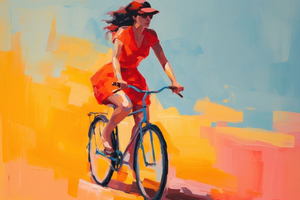 Woman ride bicycle painting vehicle cycling.
