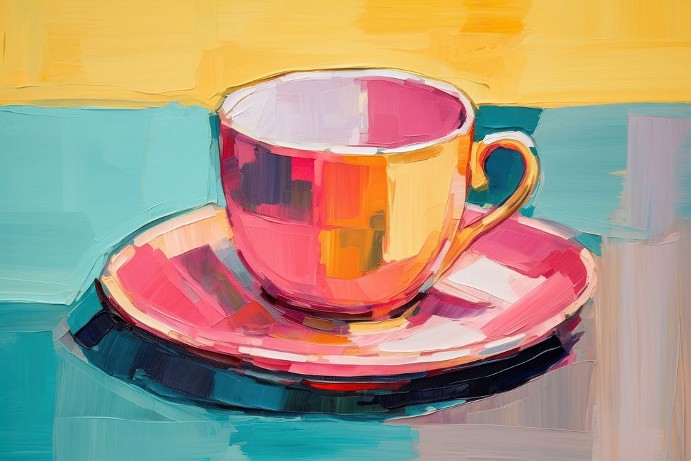 Cup of coffee with snack painting saucer drink.