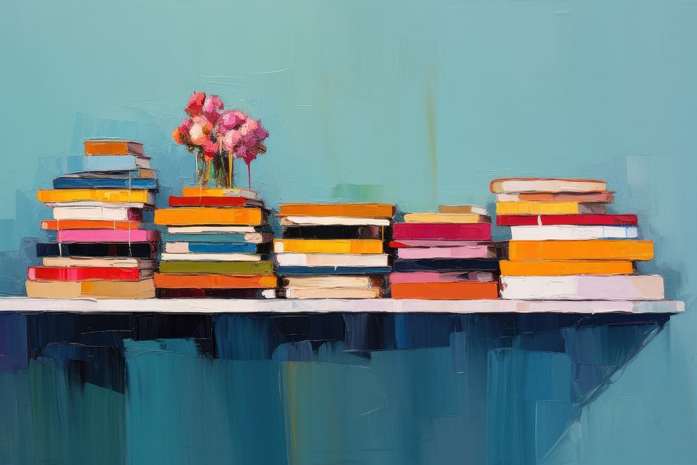 Book on shelf painting publication furniture.