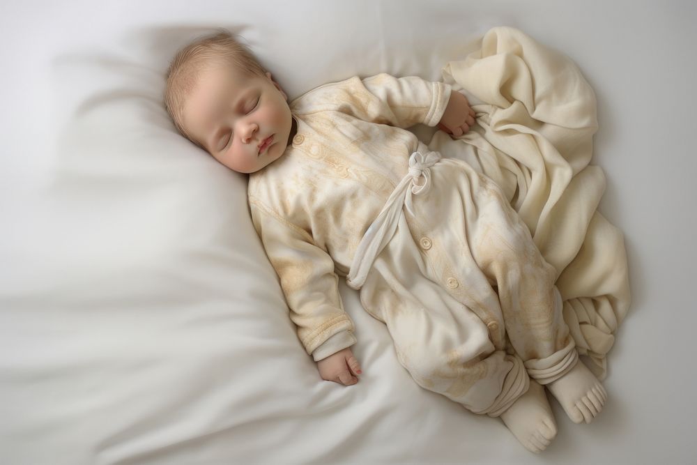 Newborn baby sleeping portrait blanket bed.