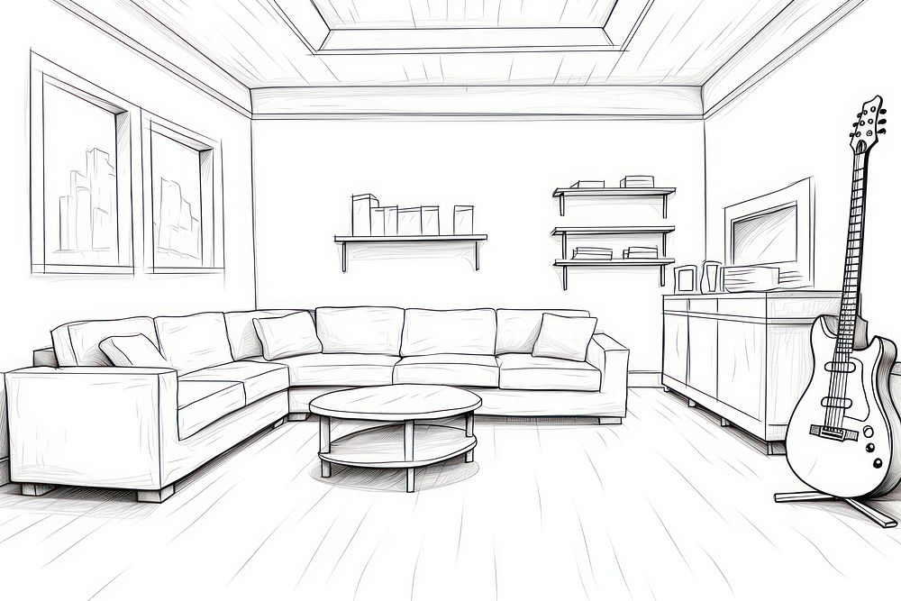 Guitar room interior sketch architecture furniture.