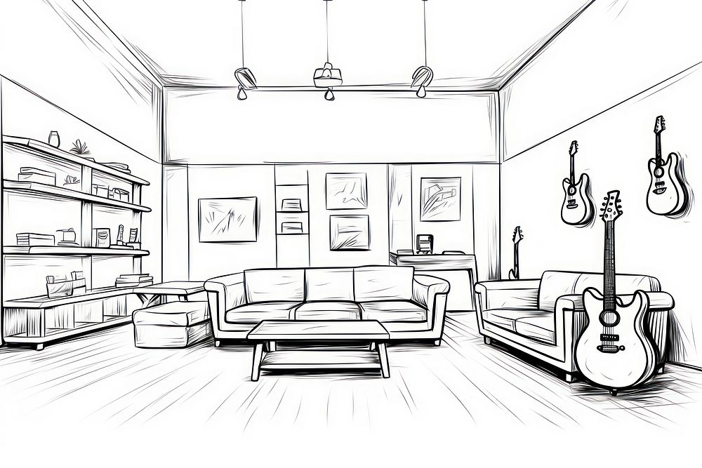 Guitar room shop interior sketch architecture furniture.