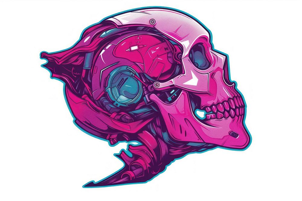 Cyborg sticker skull drawing purple sketch.