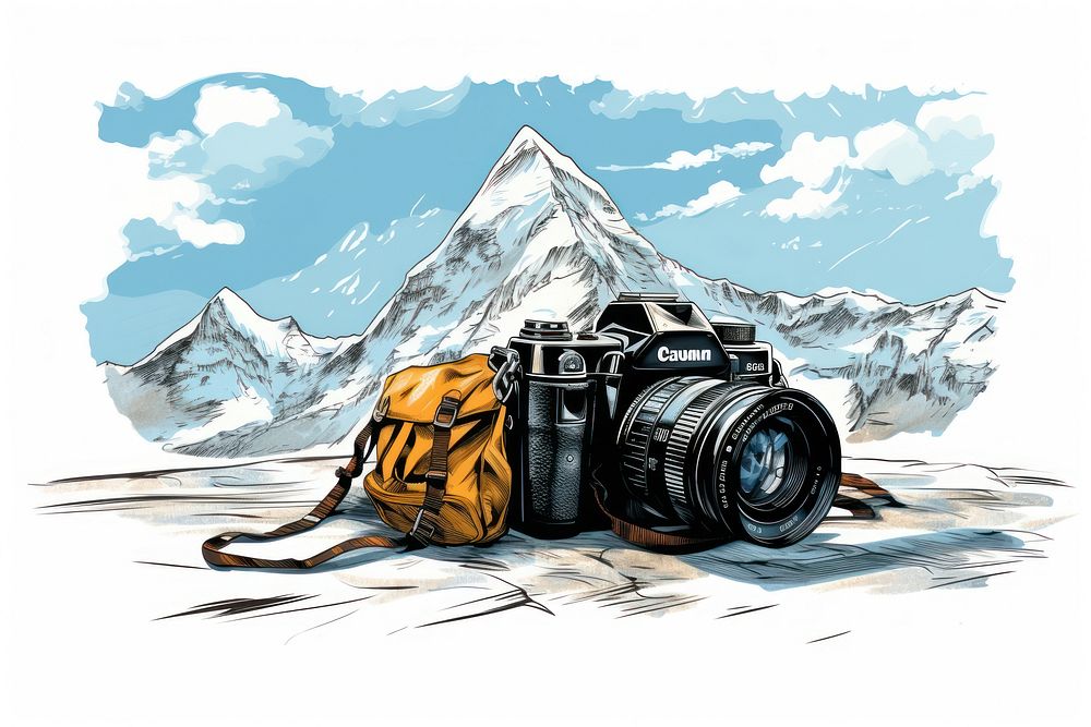 Illustration of a camera photo mountaineering photographing.