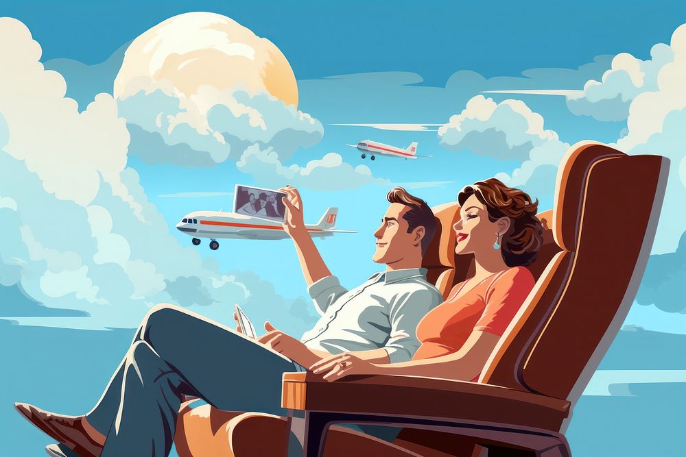 Flying couch watching television airplane aircraft vehicle.