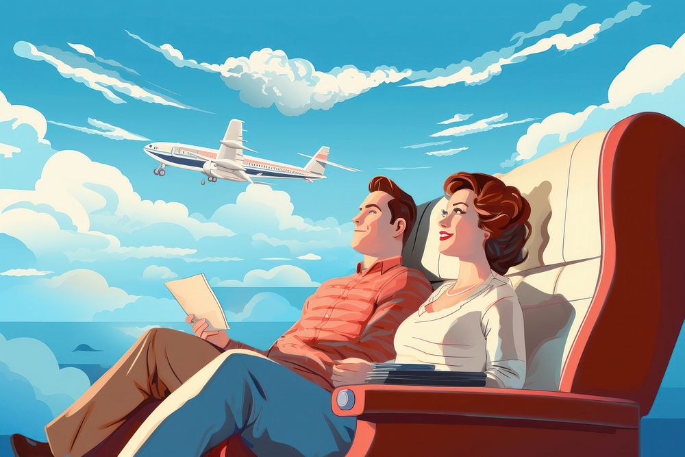 Flying couch watching television airplane sitting vehicle.