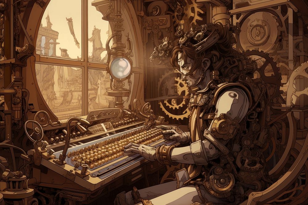 Gadget in a steampunk setting architecture technology creativity.
