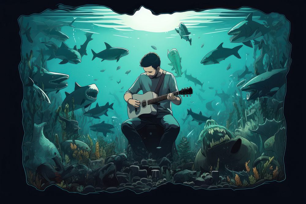 Musician playing guitar shark swimming aquarium.