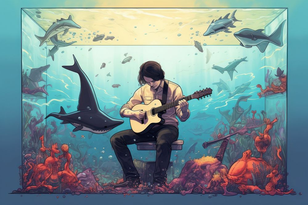 Musician playing guitar sitting shark fish.