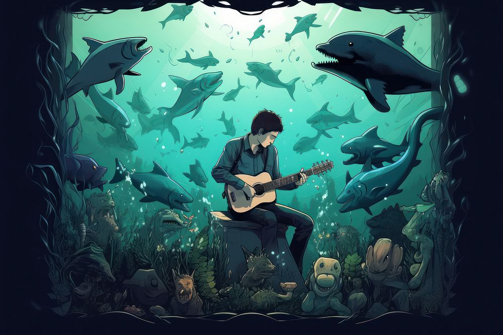 Musician playing guitar shark fish performance.