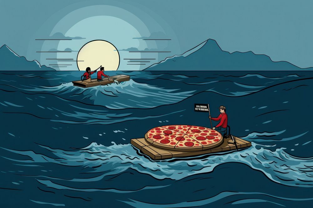 Illustration of a pizza ocean watercraft outdoors.