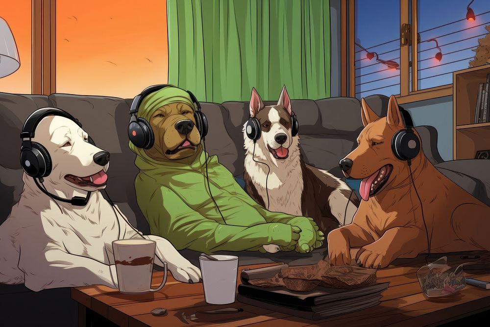 Dogs wearing headphones dog sitting cartoon.
