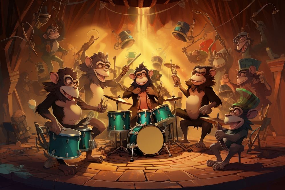 Monkeys playing drums musician concert percussion.