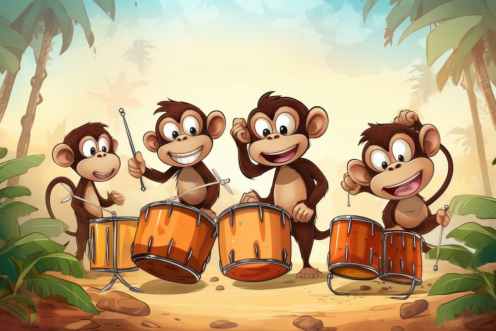 Monkeys playing drums music percussion | Free Photo Illustration - rawpixel