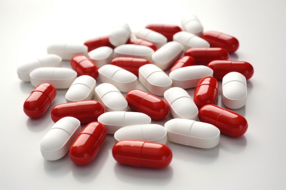 Pill capsules red antioxidant medication.