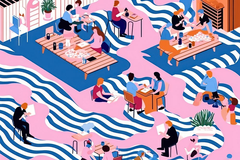 Wave of people sitting in cafe backgrounds pattern art.