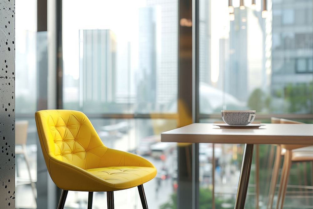 Modern cafe restaurant interior with yellow chair against window with city view furniture table architecture.