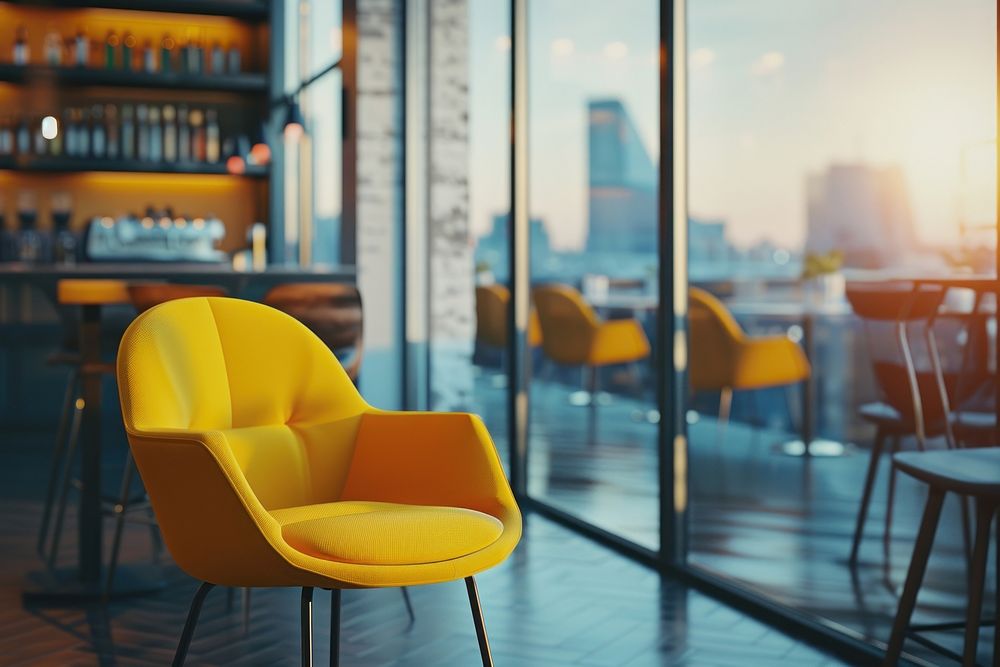 Modern cafe restaurant interior with yellow chair against window with city view architecture furniture building.
