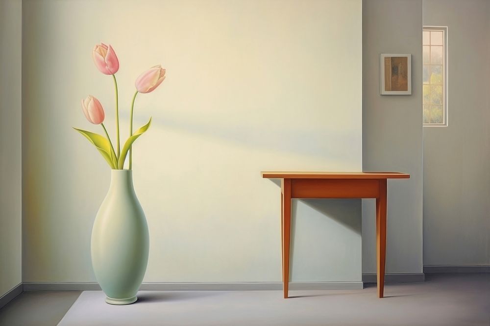 Painting of tulip vase furniture flower table.