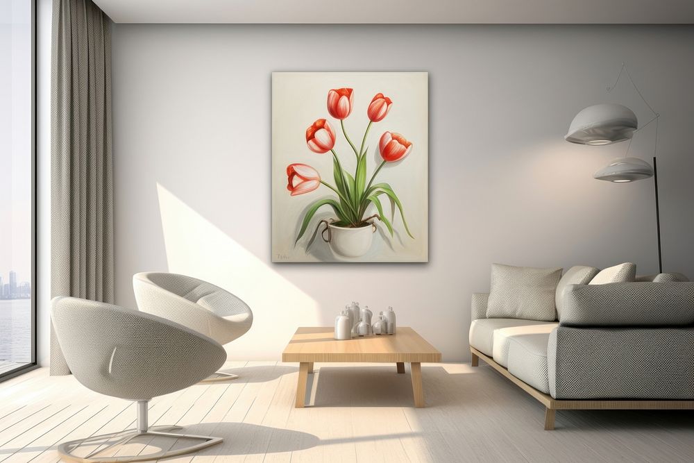 Painting of tulip vase room furniture chair.