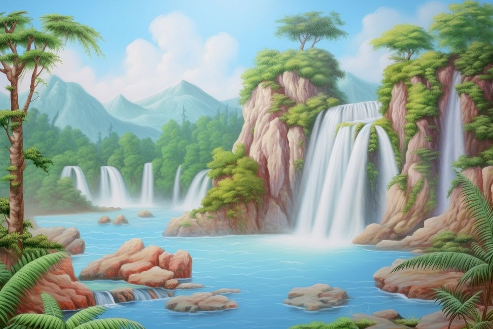 Painting of waterfall view landscape outdoors nature.