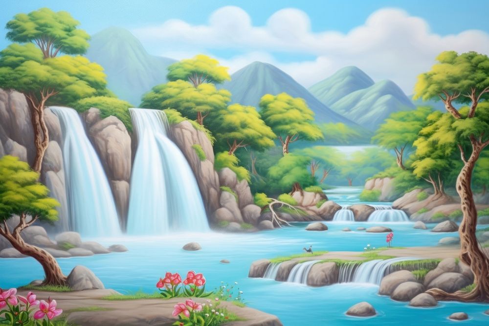 Painting of waterfall view backgrounds landscape outdoors.