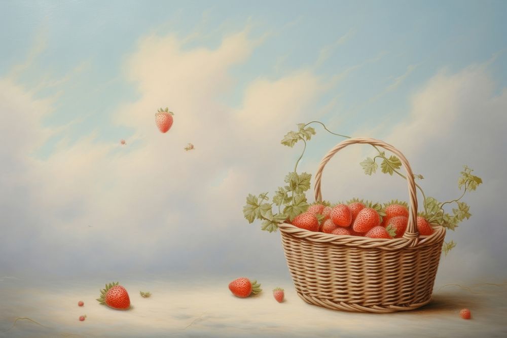 Painting of berry in basket strawberry recreation container.