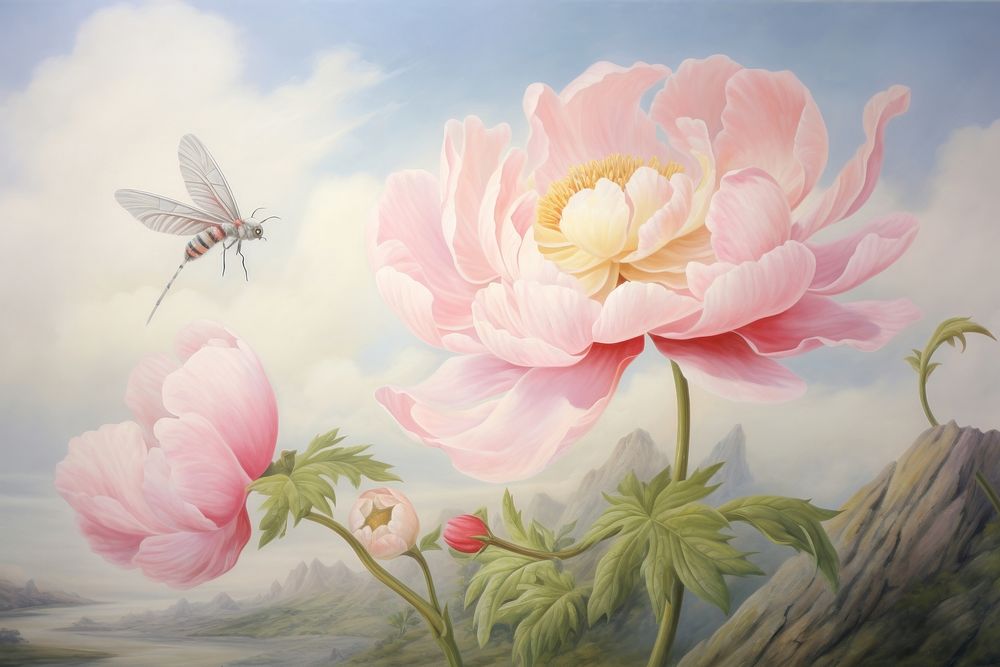 Painting of betterfly outdoors flower flying.