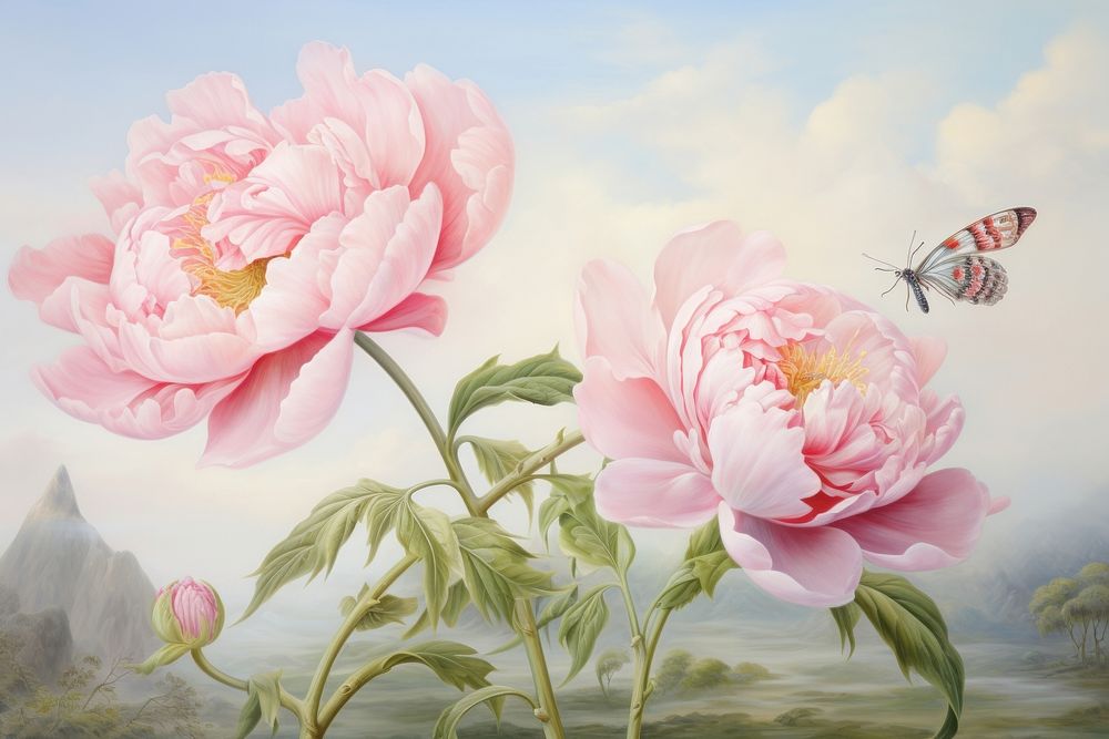 Painting of betterfly outdoors blossom flower.
