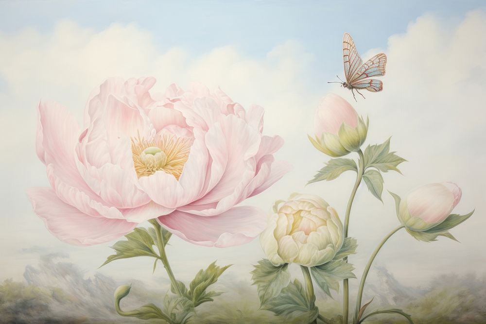 Painting of betterfly blossom flower plant.