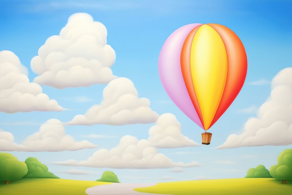 Painting of big balloon in sky backgrounds aircraft outdoors.