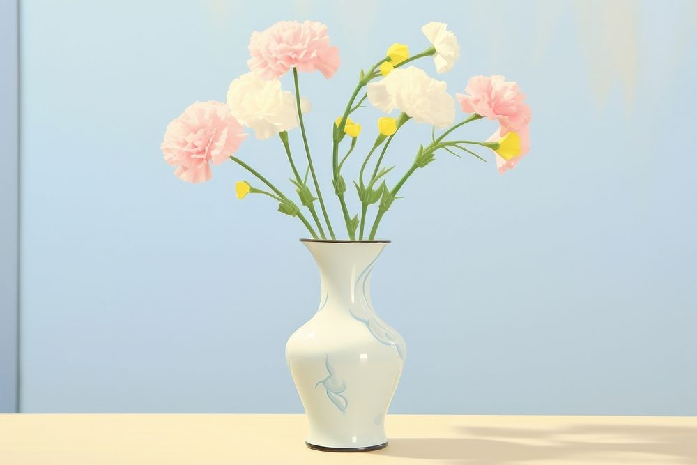 Painting of carnation vase flower plant centrepiece.