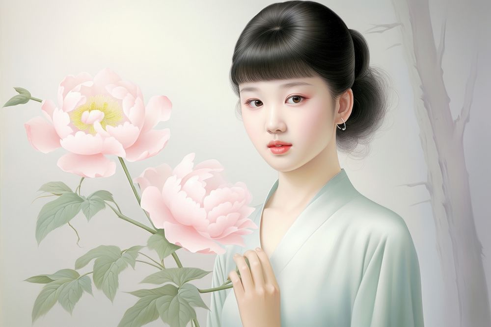 Painting of chinese girl with Peony portrait fashion flower.