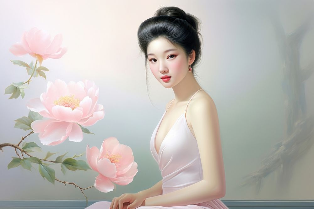 Painting of chinese girl with Peony portrait flower adult.