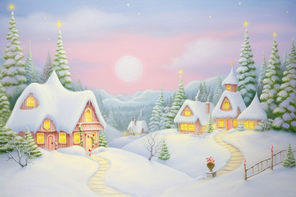 Painting of christmas night architecture building outdoors.