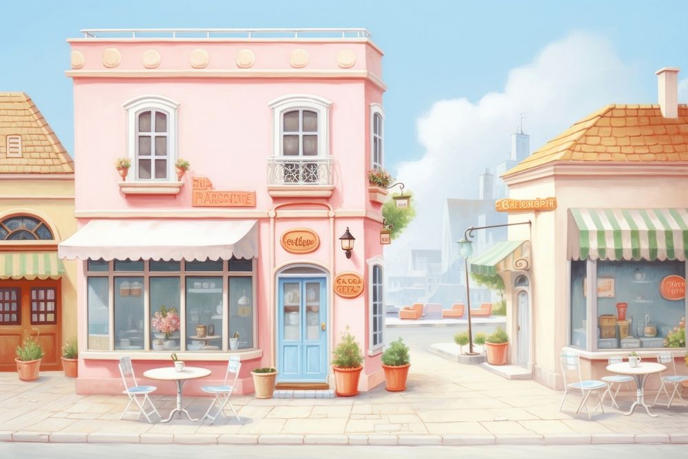 Painting of coffee cafe architecture restaurant building.