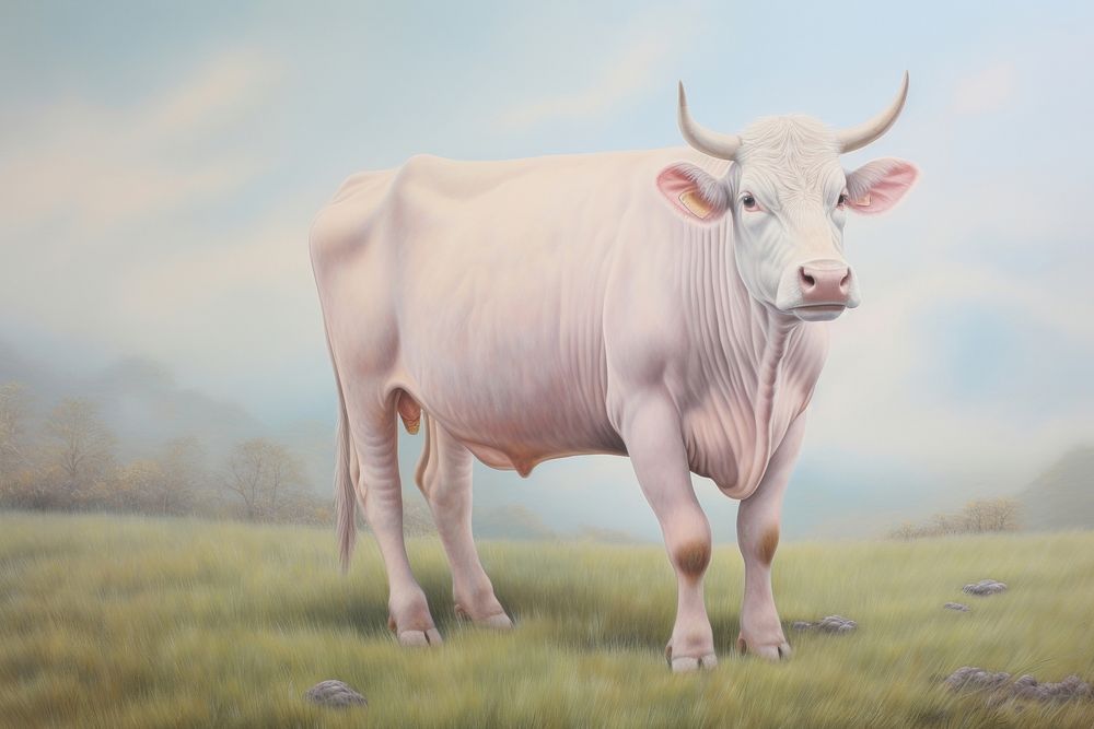 Painting of cow on grass livestock mammal animal.