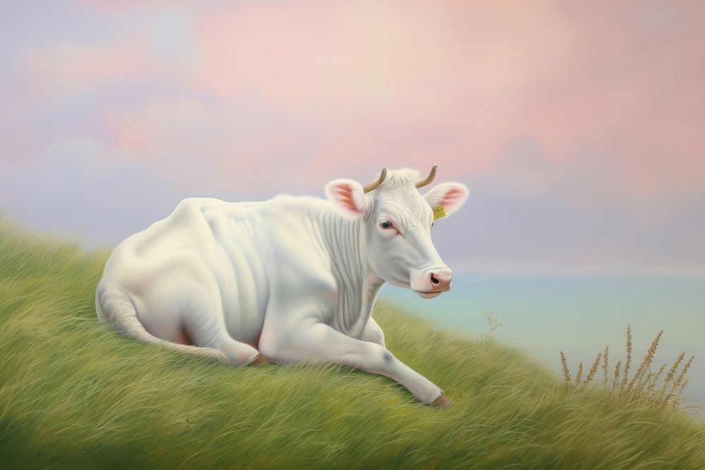 Painting of cow on grass livestock mammal animal.