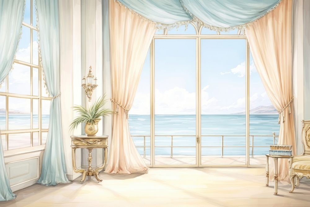 Painting of curtain sea view furniture window chair.
