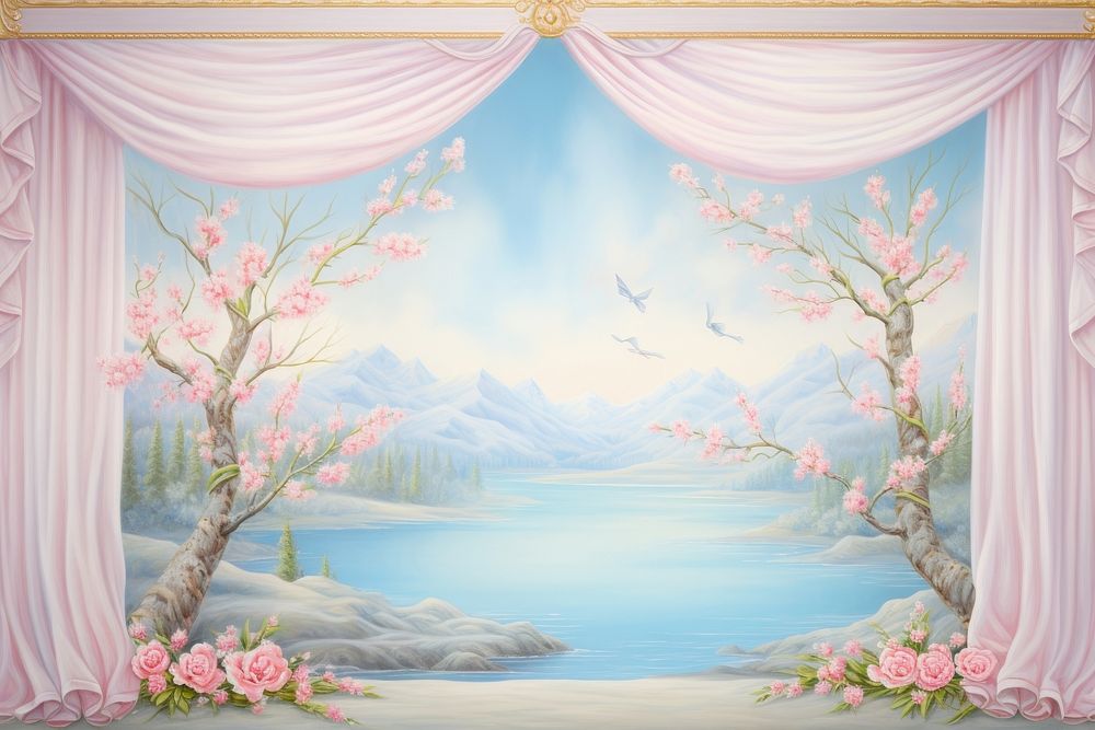 Painting of curtain spring view backgrounds flower plant.