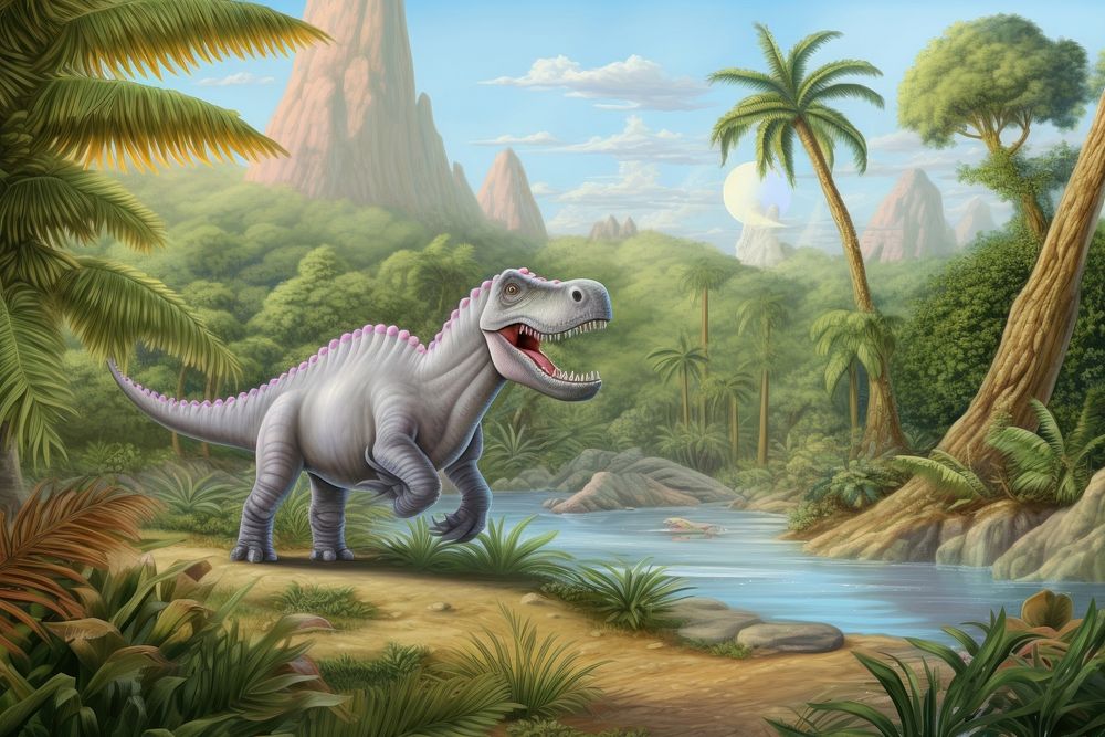 Painting of dinosaur in jungle outdoors nature animal.