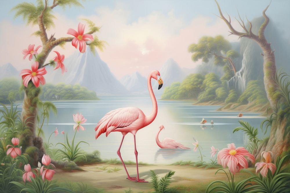Painting of flamingo in jungle outdoors animal nature.