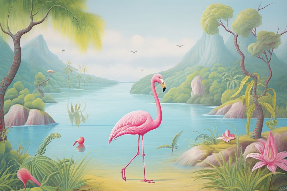 Painting of flamingo in jungle outdoors animal nature.