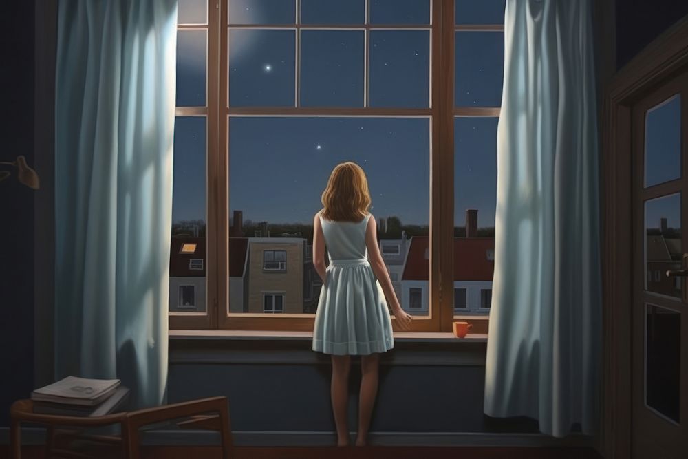 Painting of girl watching view window night contemplation.