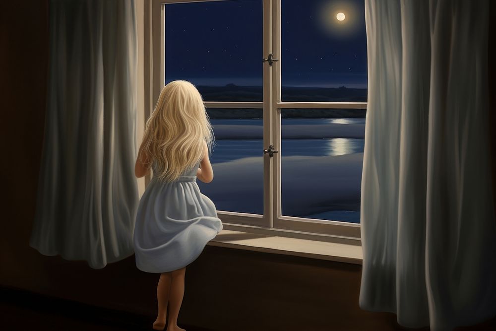 Painting of girl watching view window night moon.