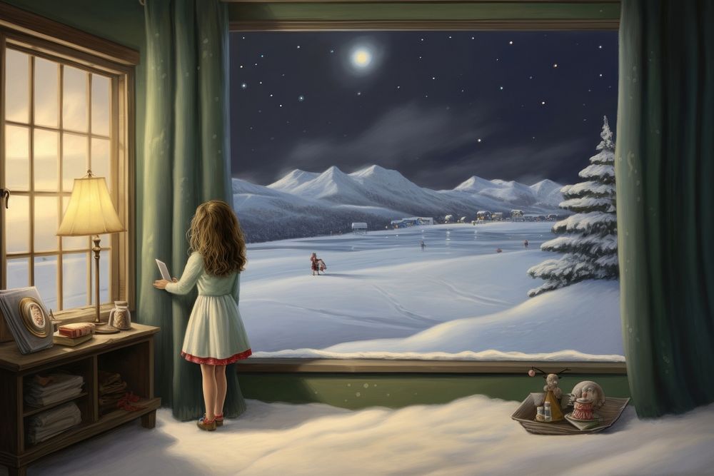 Painting of girl watching view window night winter.