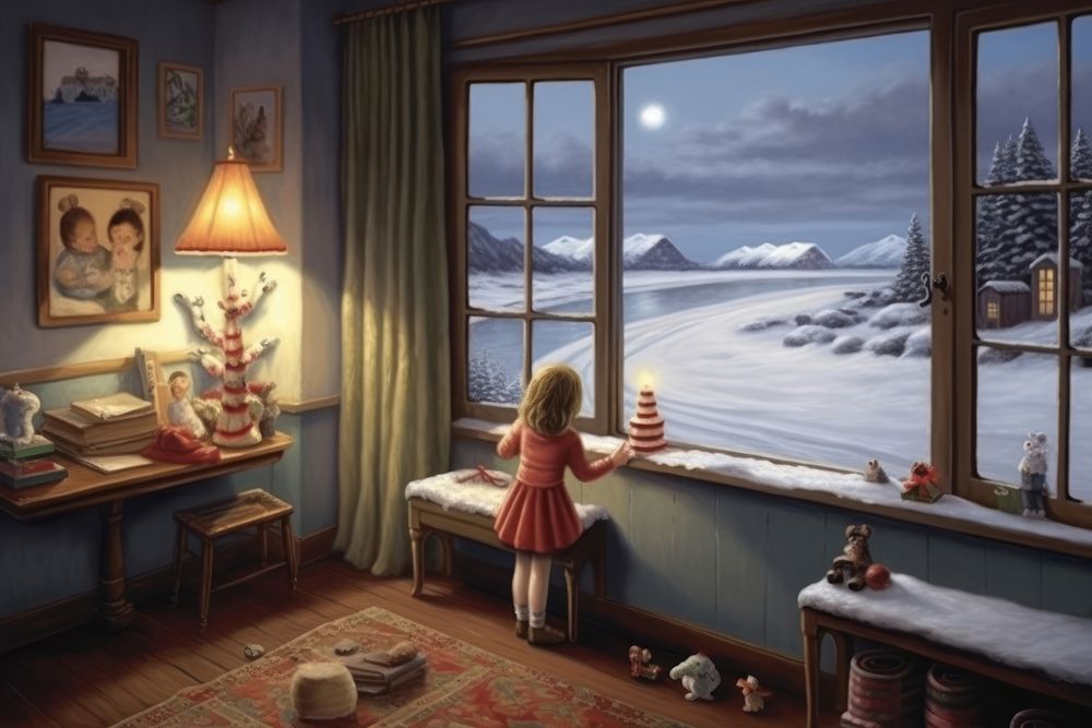 Painting of girl watching view window furniture nature.