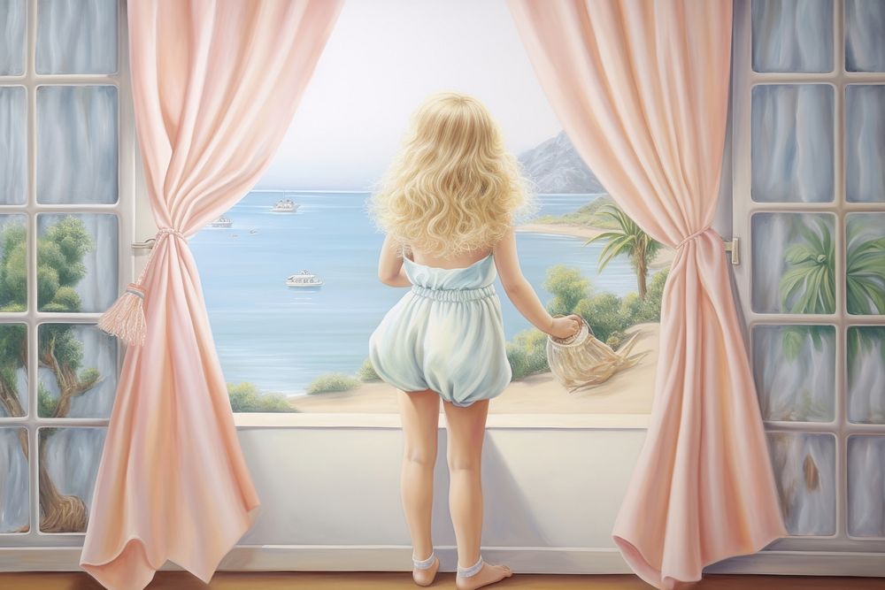 Painting of girl watching window contemplation transparent.